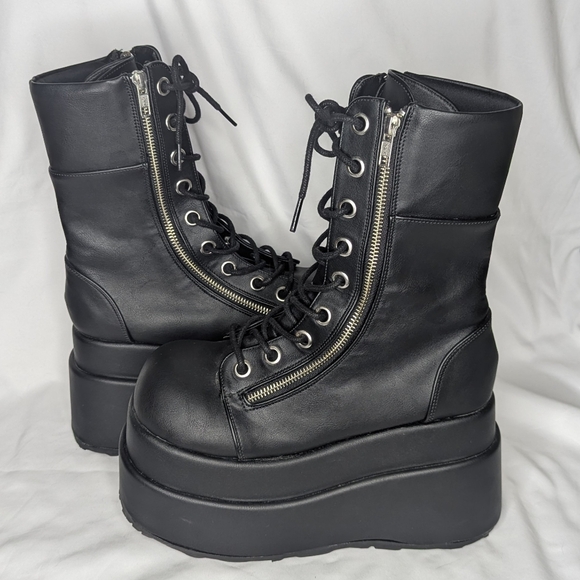 Demonia Bear-265 Front Lace Mid Calf Platform Boots Black Vegan Leather - Picture 3 of 11